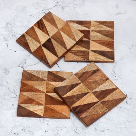 Square Shaped Brown Wooden Coasters - Pack of 4
